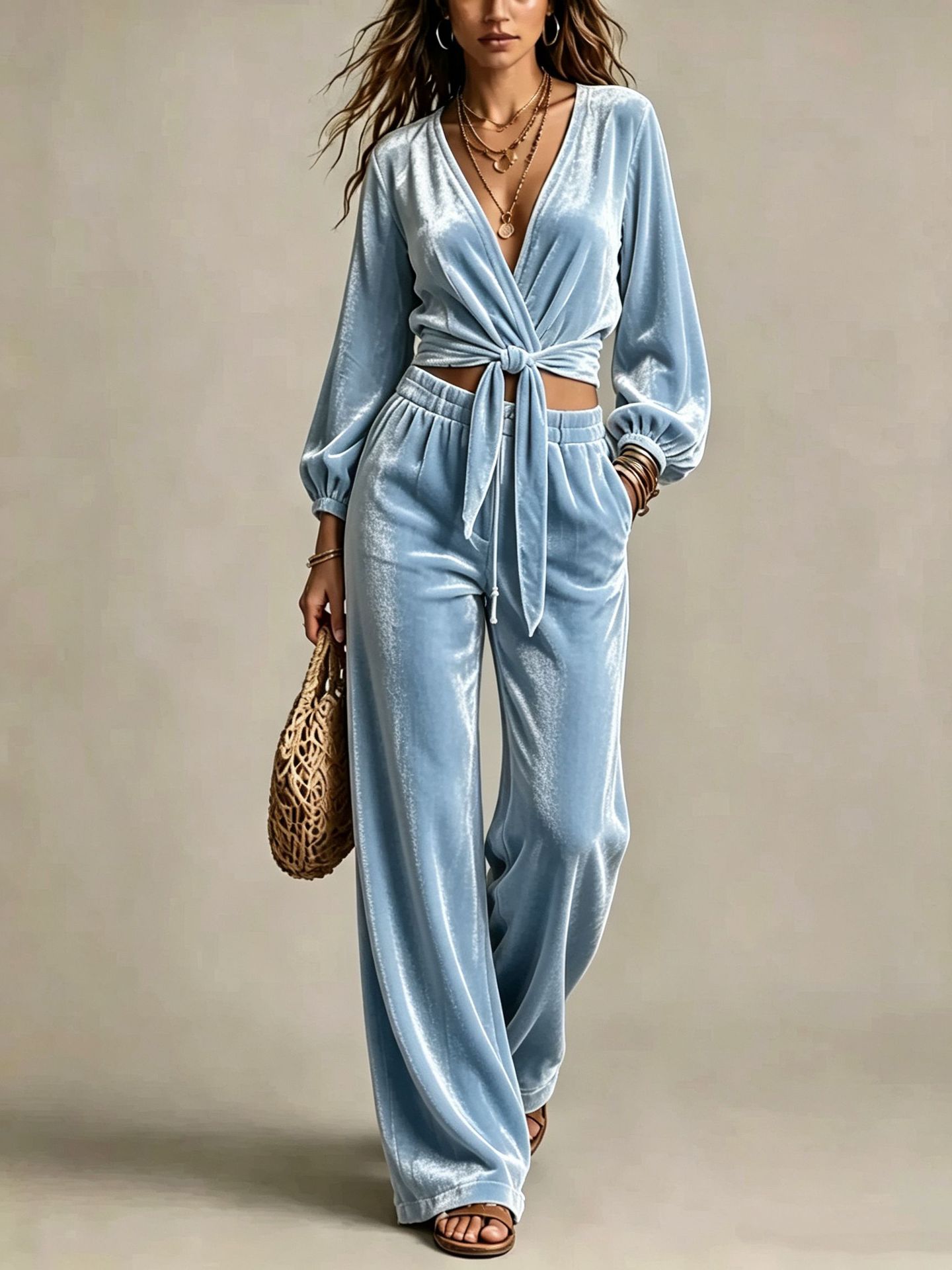 Corduroy V-Neck Cinched Waist Two-Piece Pants Set