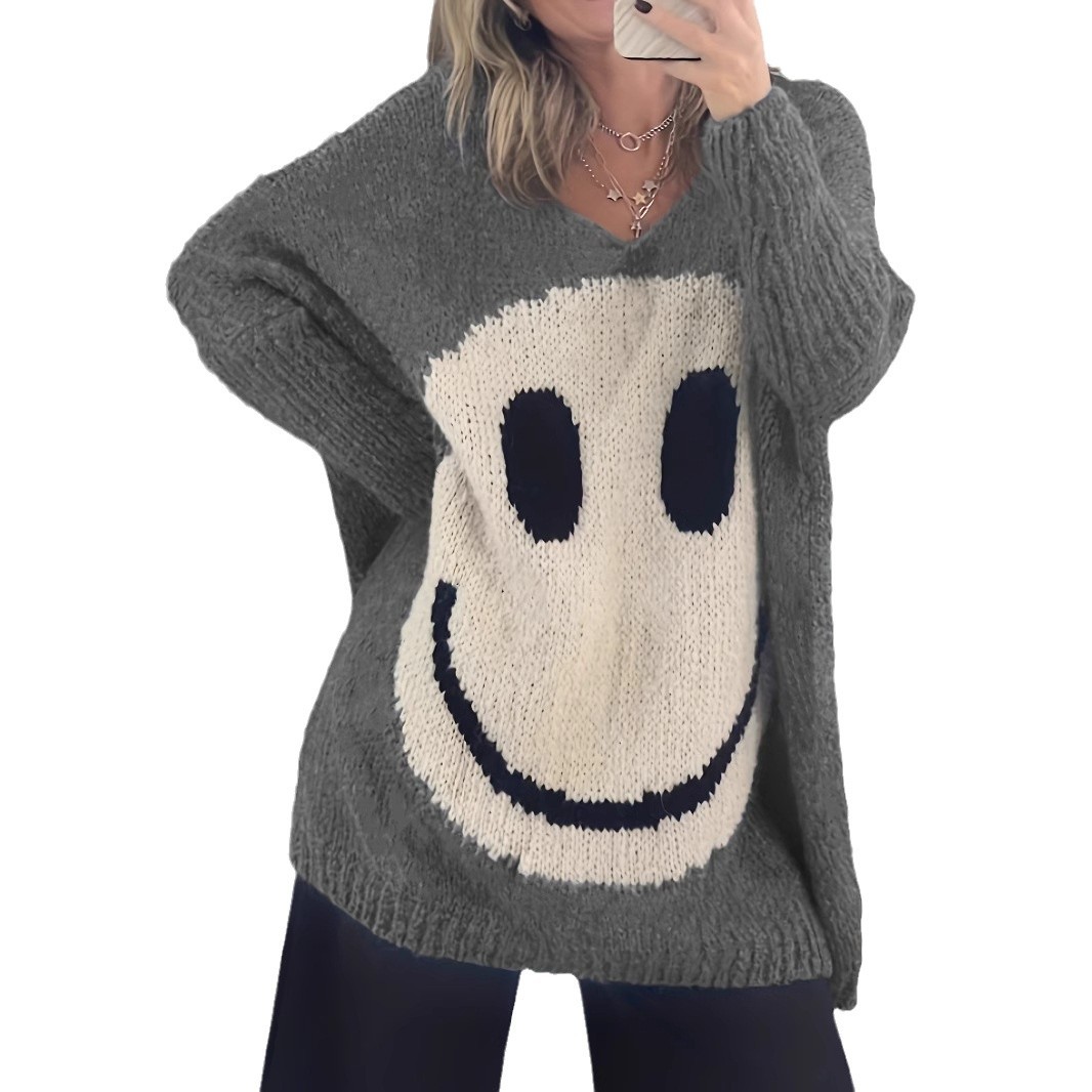 Women's Smiley Face Colorblock Jacquard Loose Knit Sweater
