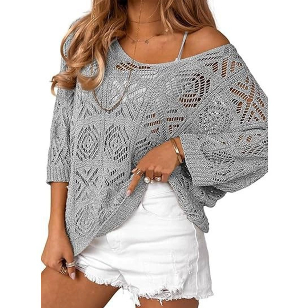 V-Neck Diamond Crochet Hollow-Out Knit Top with Dolman Sleeves