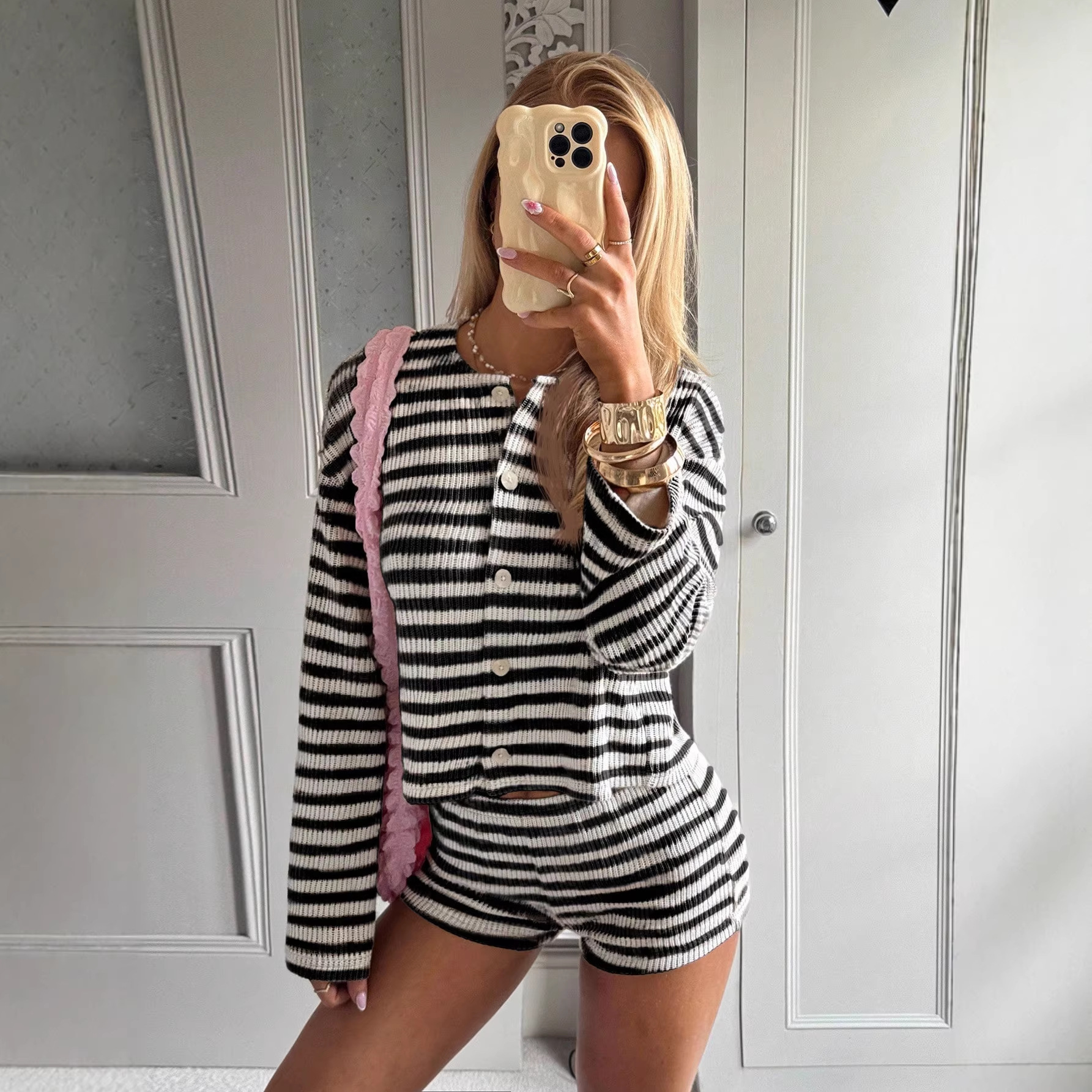 Women's Striped Two-Piece Lounge Set Short Sleeve & Shorts