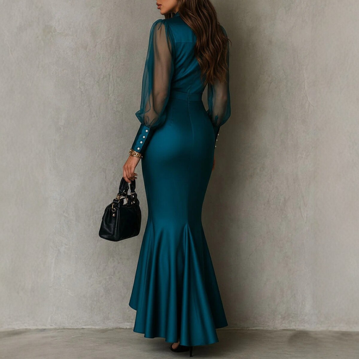 Peacock Blue Satin Mesh-Sleeve Shirt-Collar Mermaid Dress