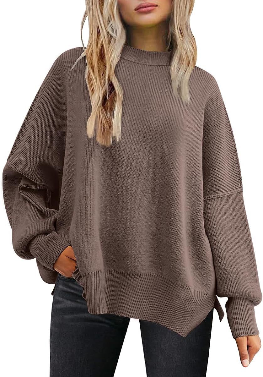 Women's Crewneck Batwing Sleeve Side Slit Loose Knit Sweater
