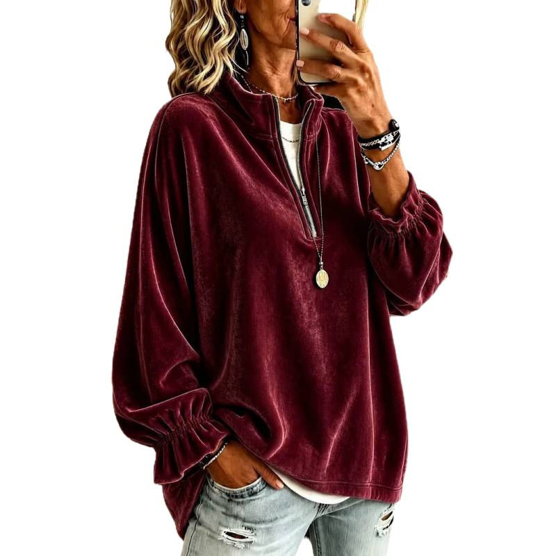 Women's Casual Zip-Up Loose Sweatshirt with Lapel Collar