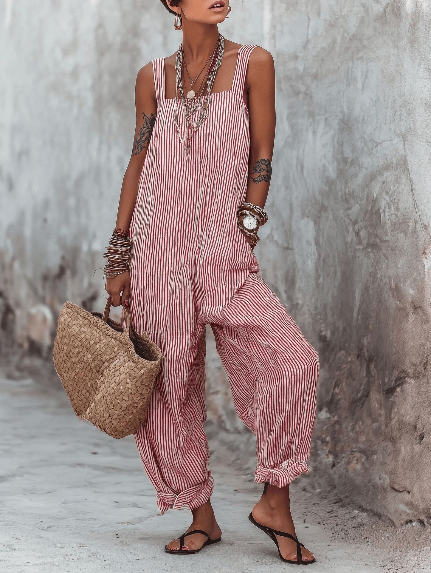 Women's Sleeveless Striped Print Loose Casual Jumpsuit