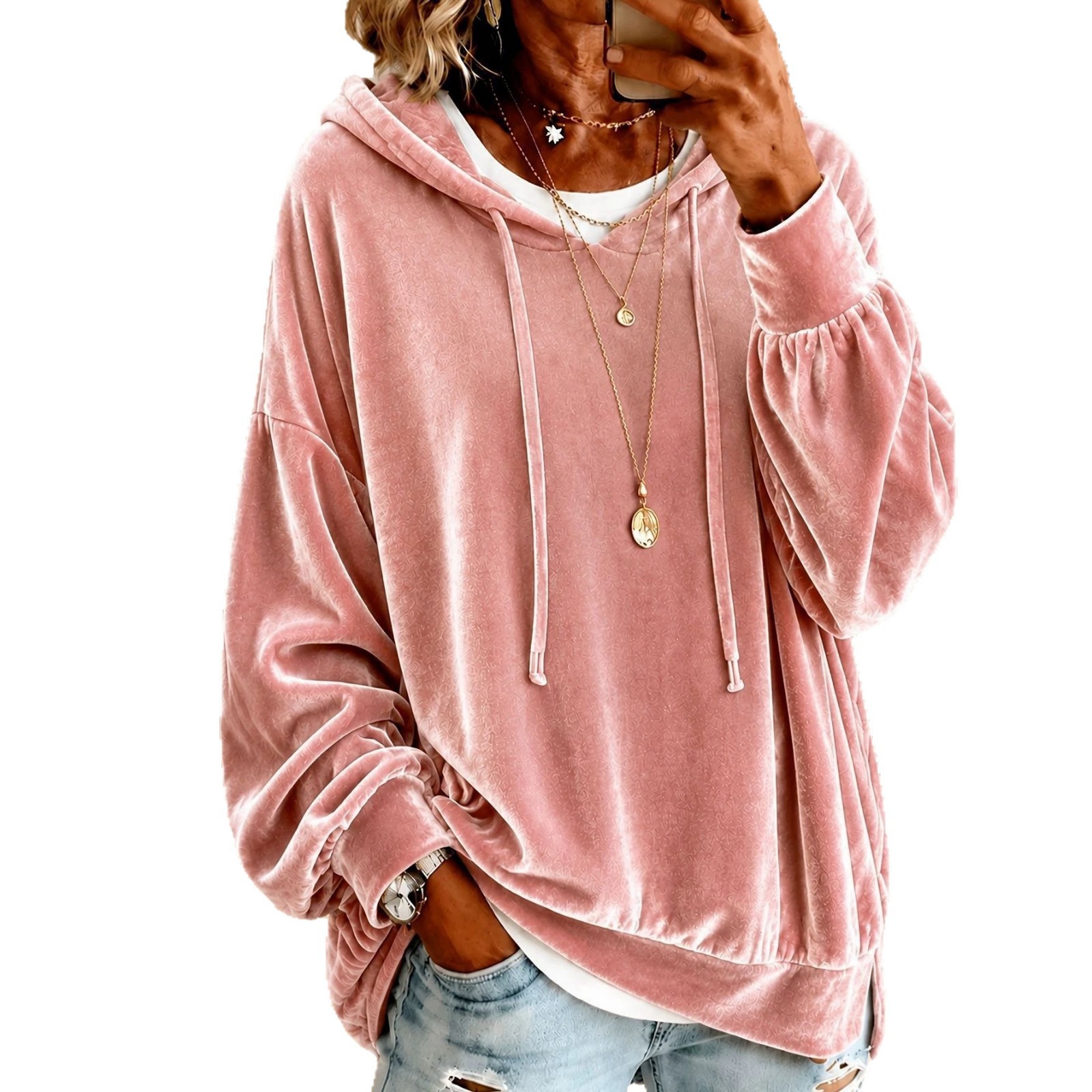 Women's Loose Drawstring Velvet Hooded Top