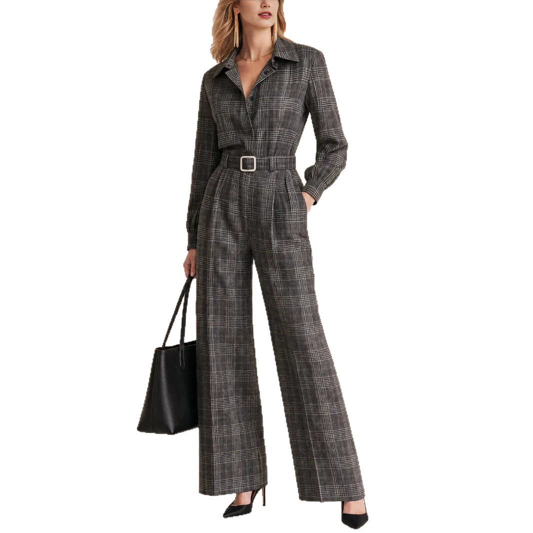 Plaid Jumpsuit for Women High Waist Slimming Long Sleeve