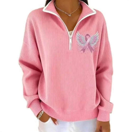 Wing Ribbon Print Half-Zip Stand Collar Hoodie