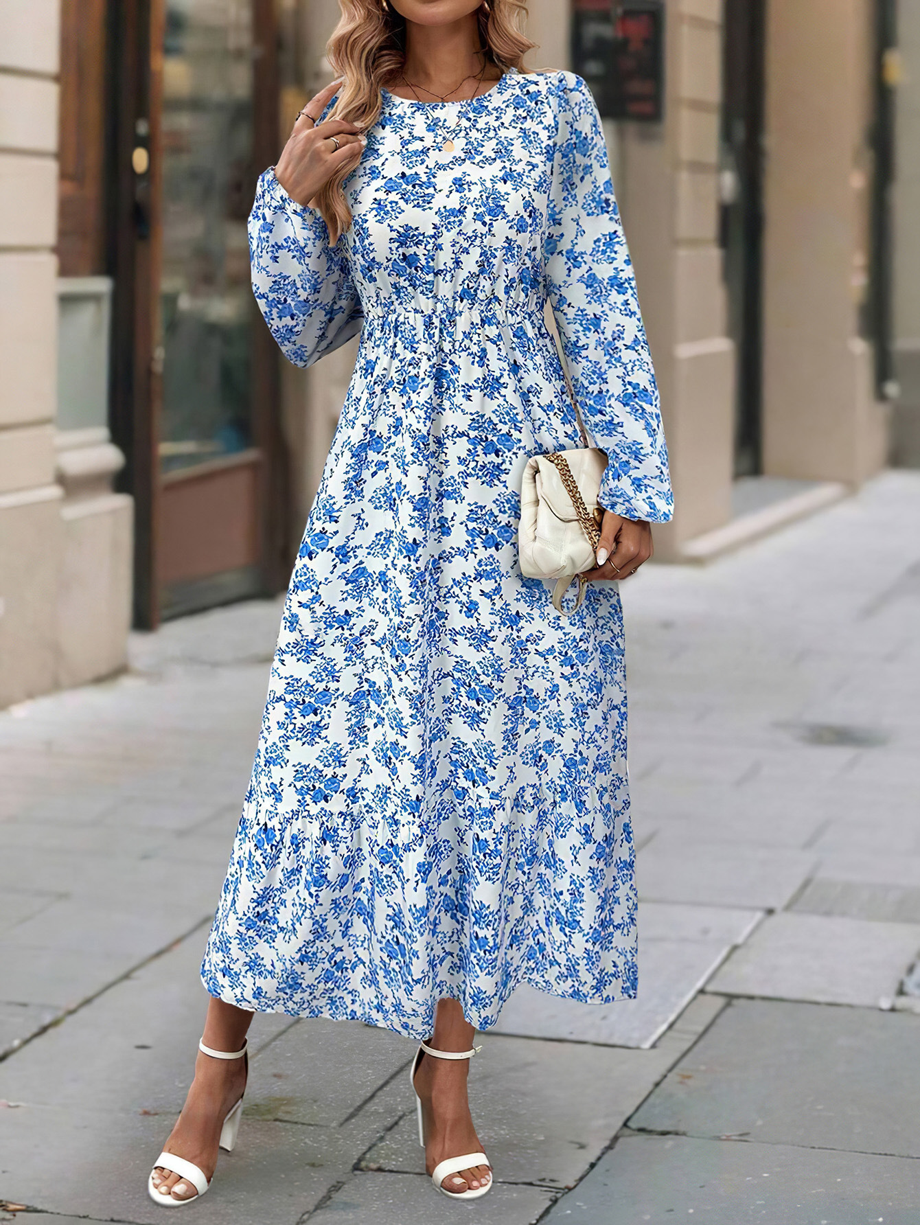 Women's Floral Print Round Neck Long Sleeve Ruffle Dress