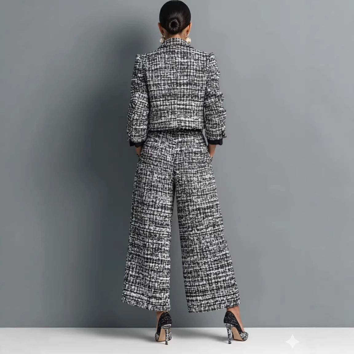 Women's Plaid Print Two-Piece Set with Collared Top and Wide-Leg Pants