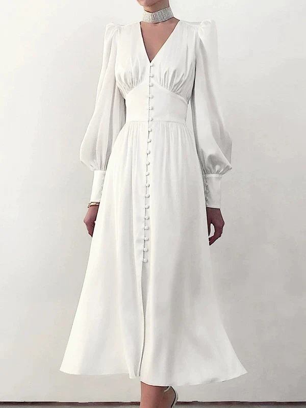 Satin Lantern-Sleeve High-Waist Slimming Long Dress