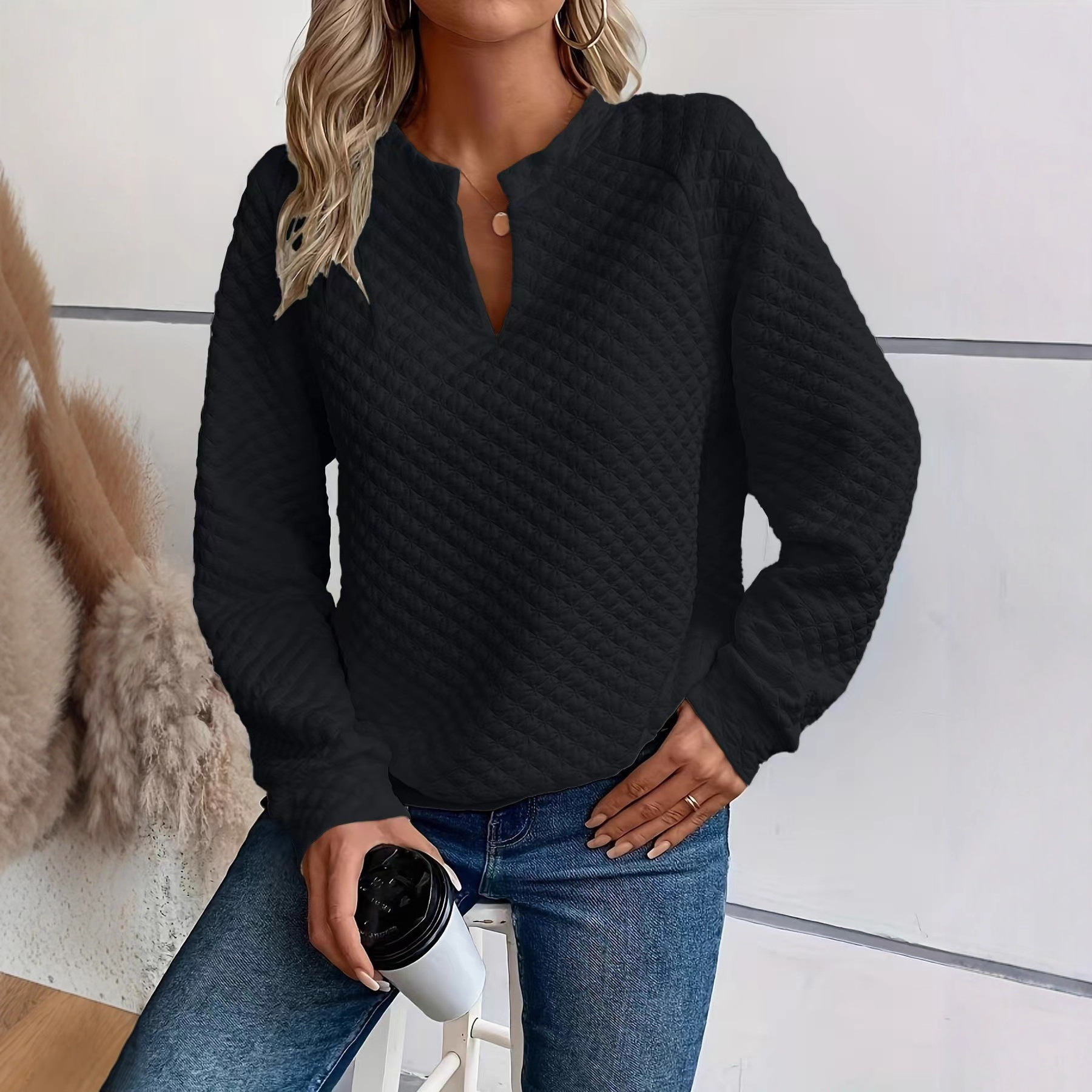 Women's Solid Color Deep V-Neck Long Sleeve Casual Sweatshirt