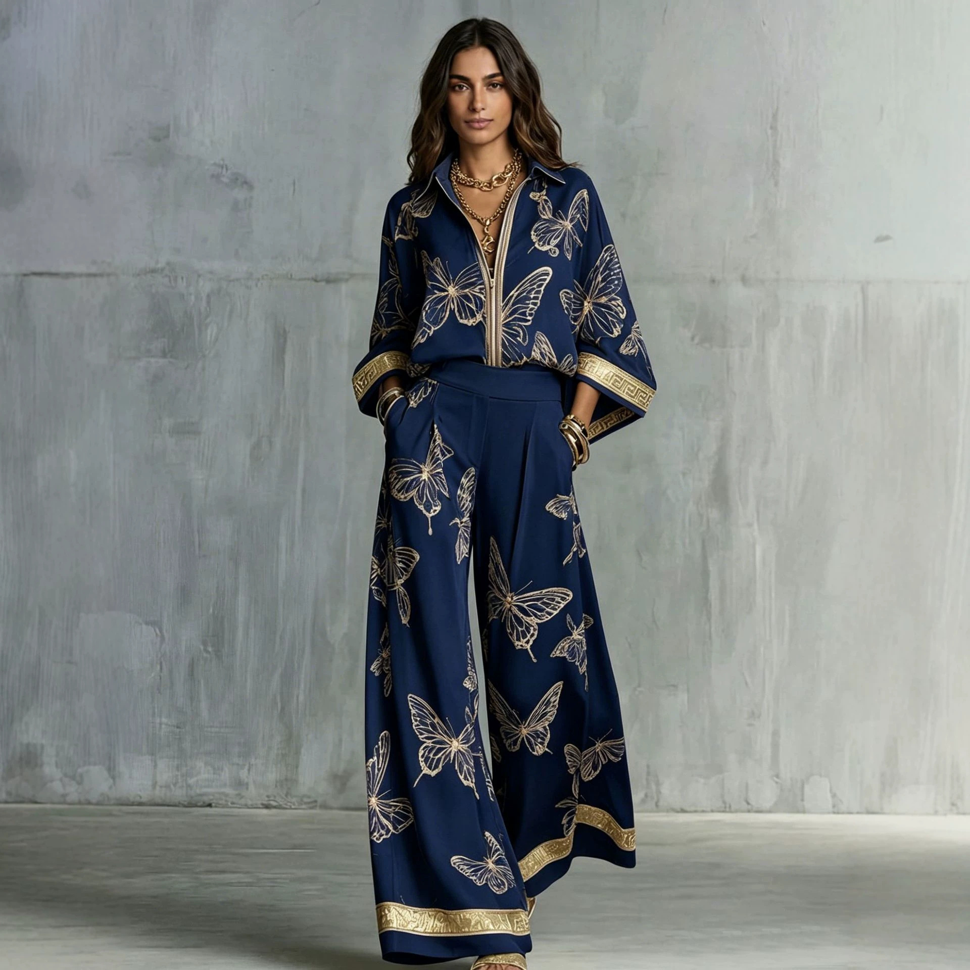 Women's Vintage Print Deep V Zip Top & Wide-Leg Pants Set