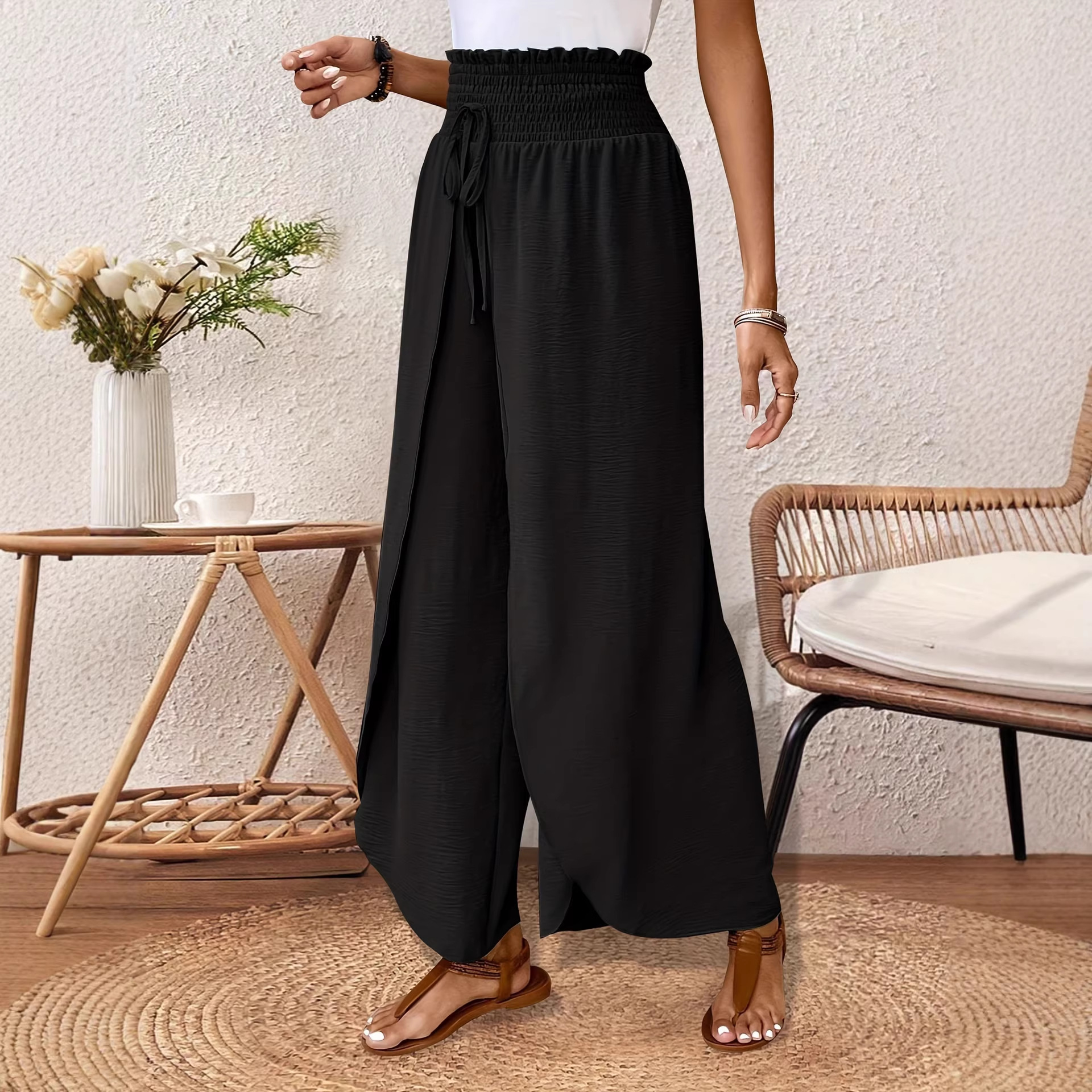 Women's Elegant Split Hem Loose Waist Lightweight Breathable Casual Pants