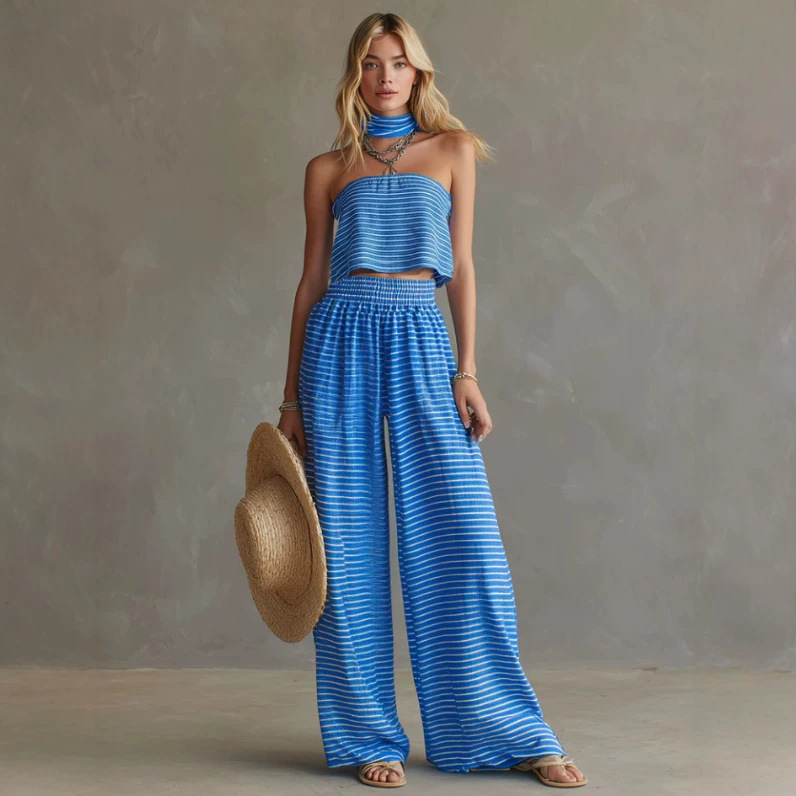 Blue Striped Off-Shoulder Top and Wide-Leg Pants Set