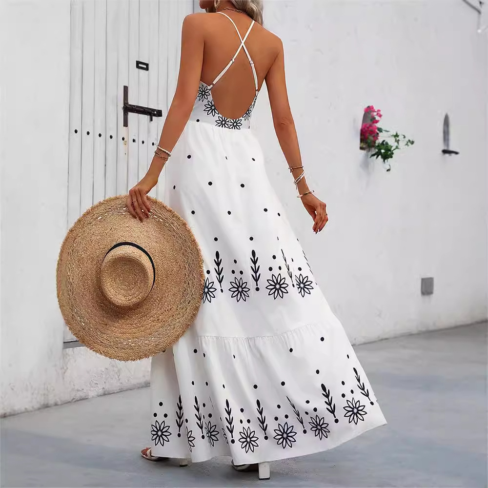 Floral Print Backless Halter Maxi Dress with Short Sleeves and Flowy Skirt