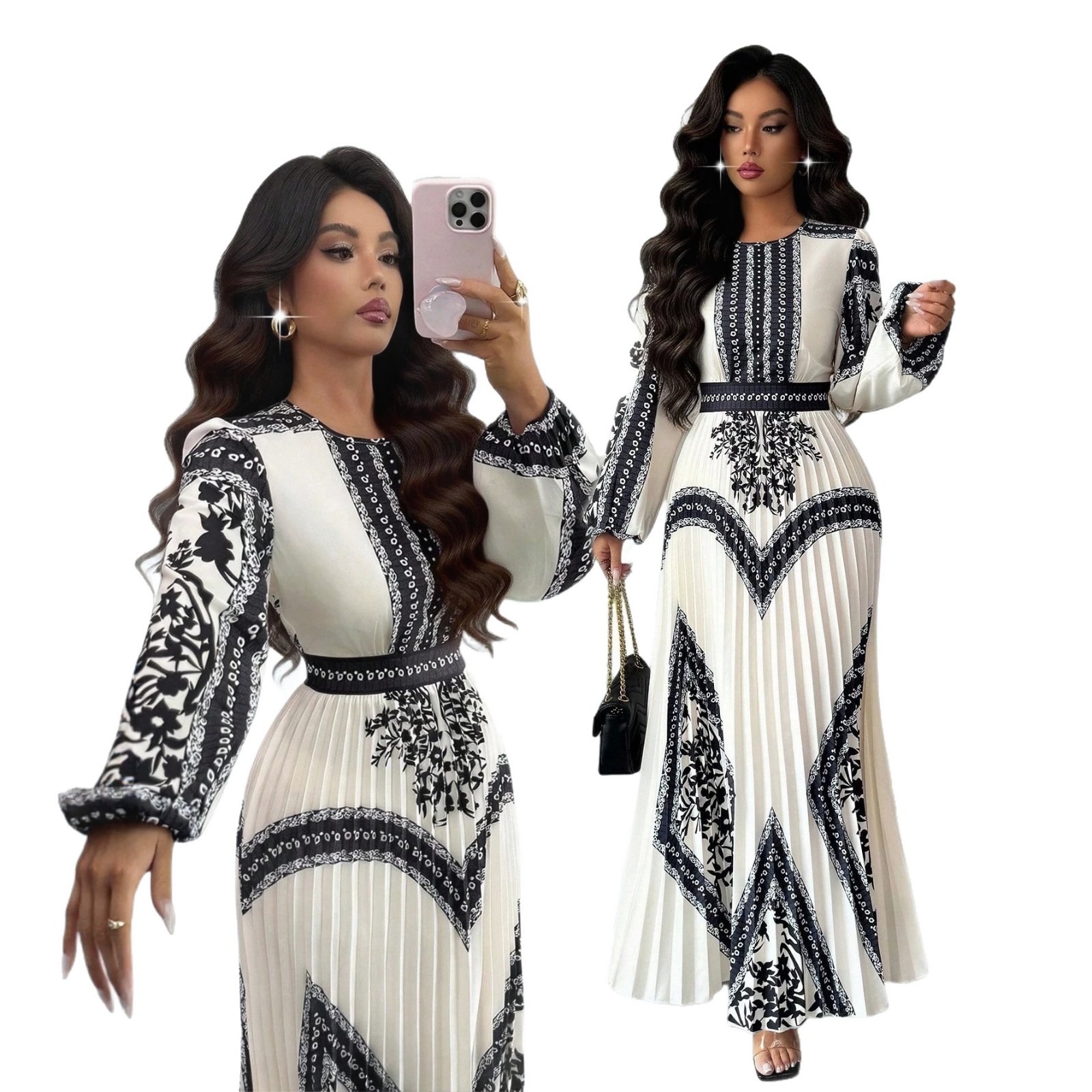 Black and White Print Pleated Dress with Cinched Waist and Bell Sleeves
