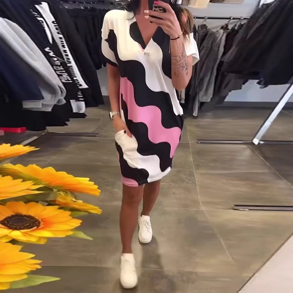 3D Print Short Sleeve V-Neck Cinched Waist Midi Dress