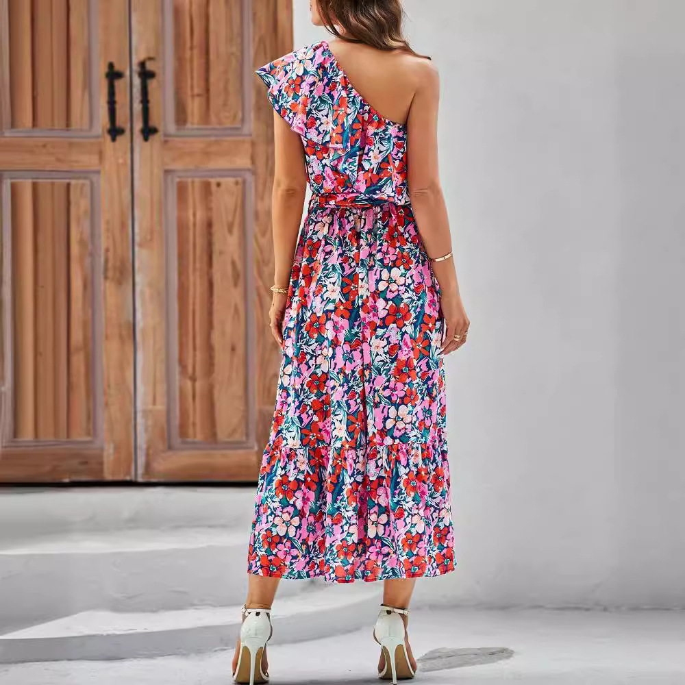 Women's One-Shoulder Floral Print Ruffle Midi Dress with Belt