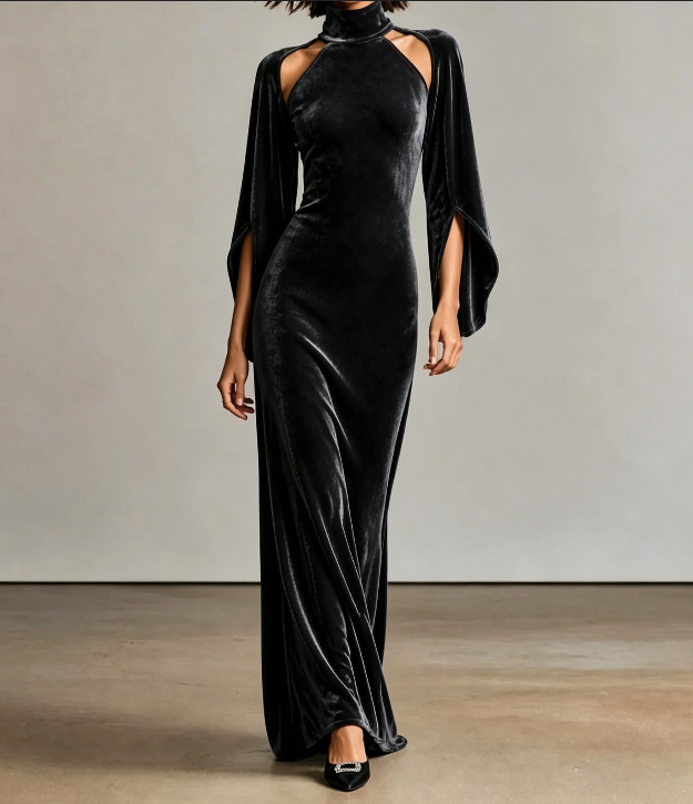 Women's Velvet Bell Sleeve Cutout High Neck Long Evening Dress