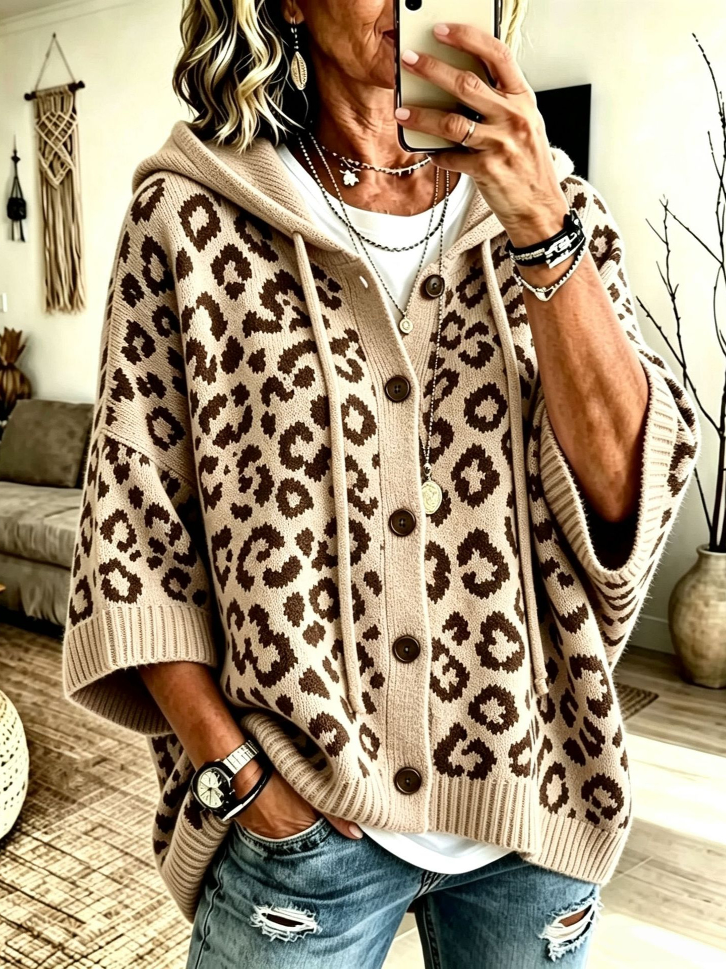 Leopard Print Button-Up Hooded Knit Cardigan Sweater