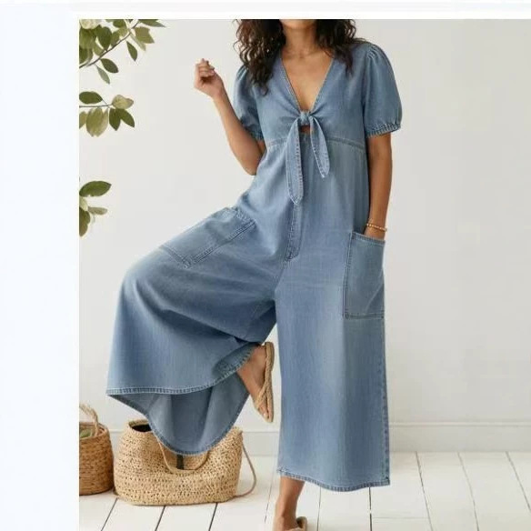 Women's Casual Loose Short Sleeve V-Neck Washed Denim Jumpsuit with Pockets