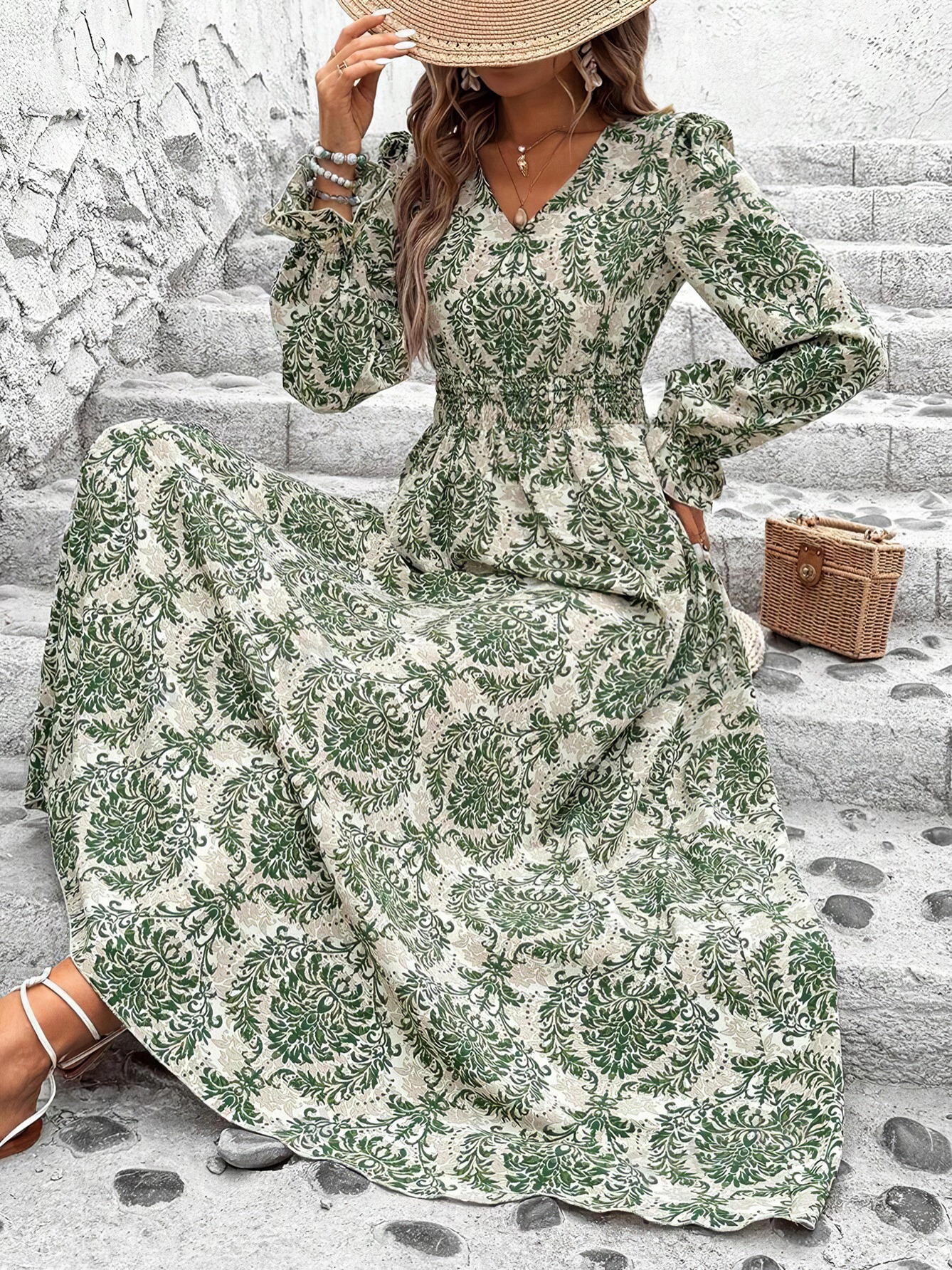 Women's Floral Print V-Neck Long Sleeve Maxi Dress