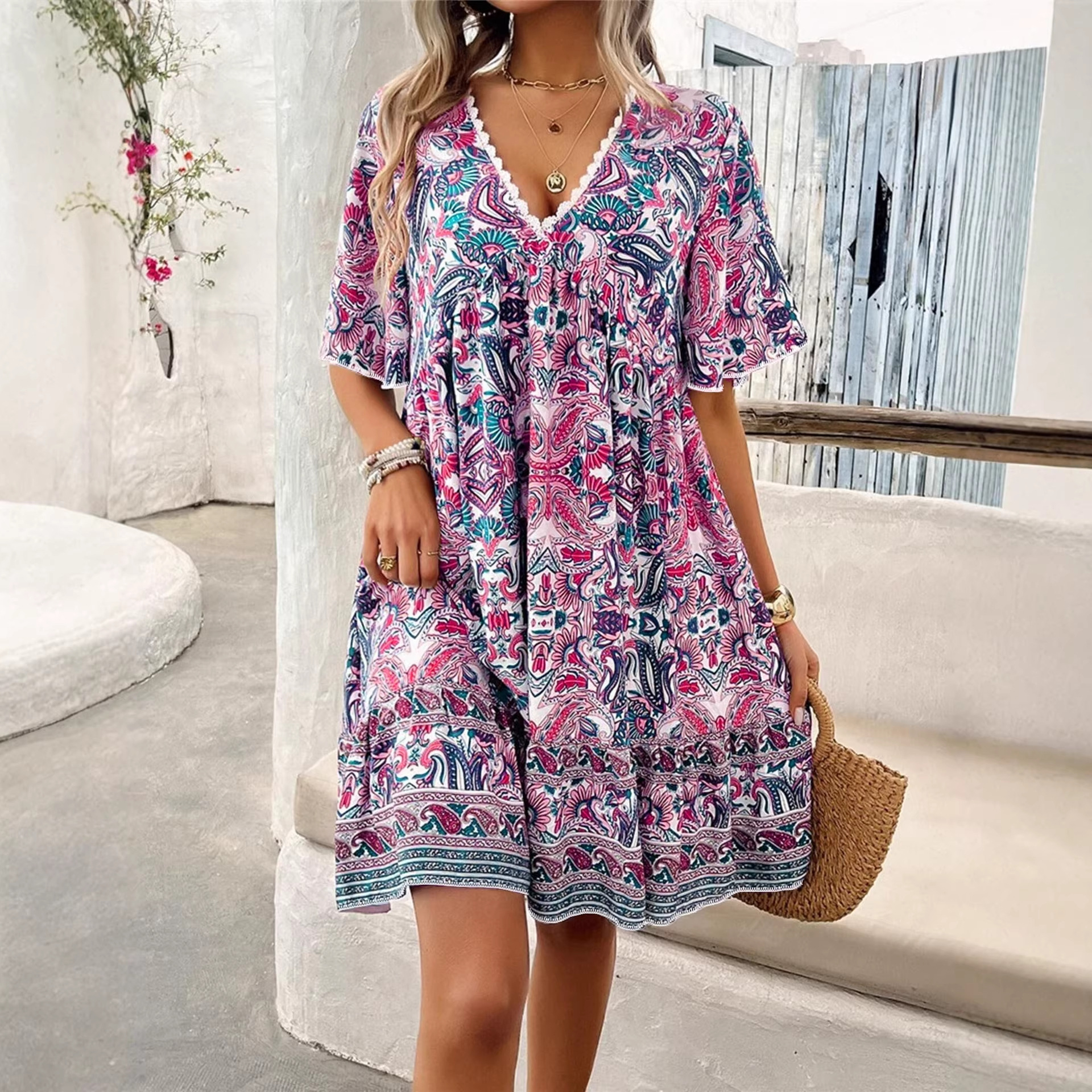 Floral Print Short Sleeve V-Neck Midi Dress with Lace Trim