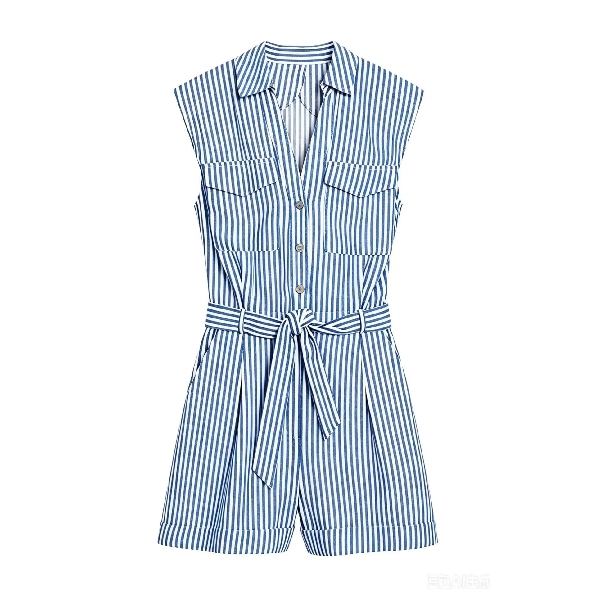Women's Belted Striped Bubble Shorts Jumpsuit