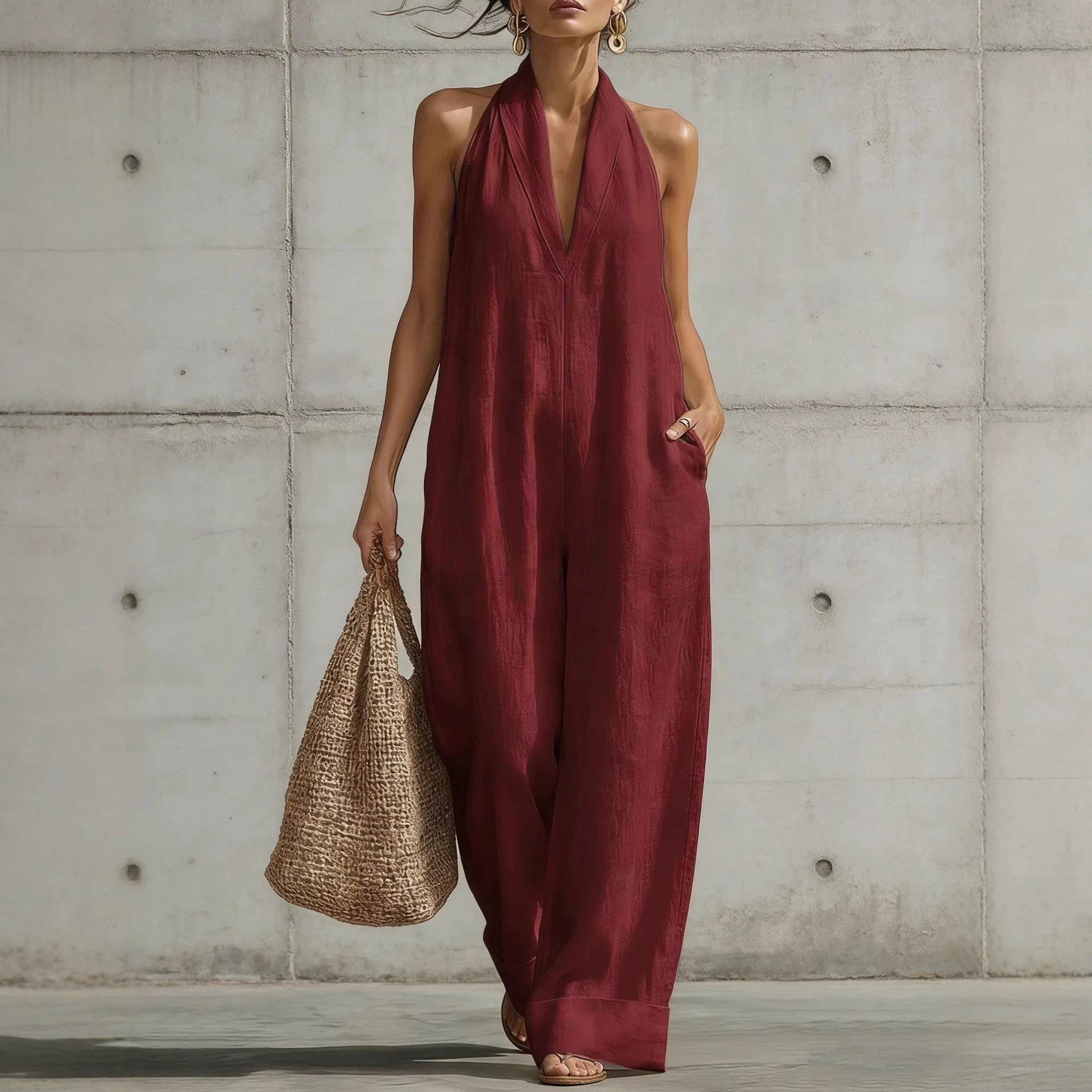 Cotton Linen Sleeveless Wide-Leg Jumpsuit Women Casual Minimalist