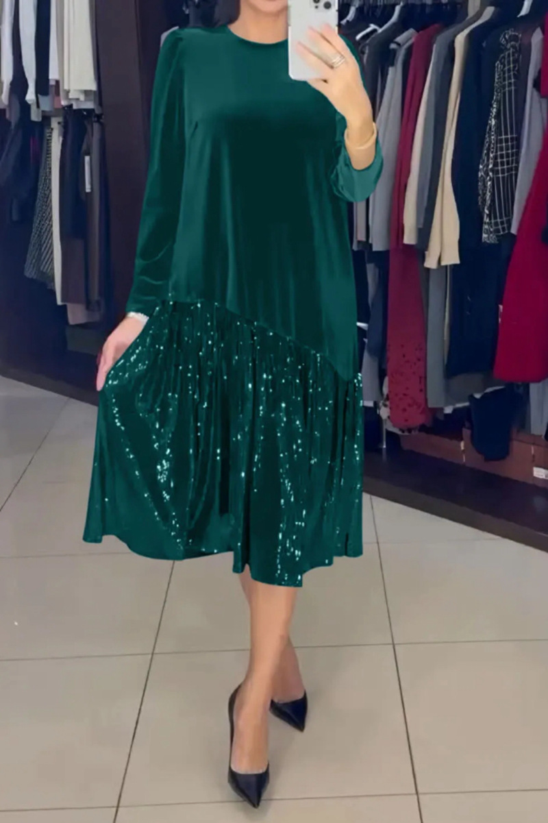 Solid Crewneck Long Sleeve Sequin Hem Dress