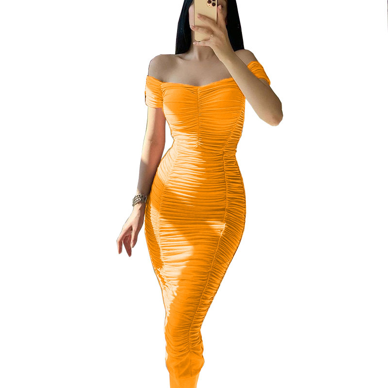 Women's Off-Shoulder Ruched Long Dress Solid Color Elegant Summer