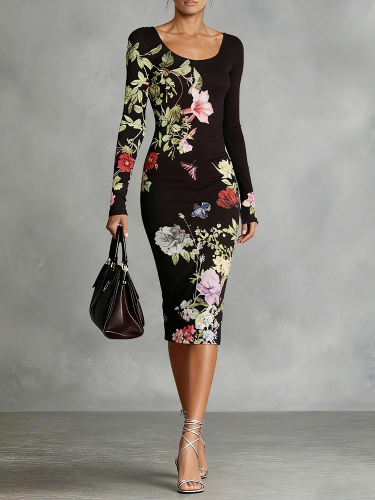 Elegant Floral Print Round Neck Midi Dress Slimming Long Sleeve Women's