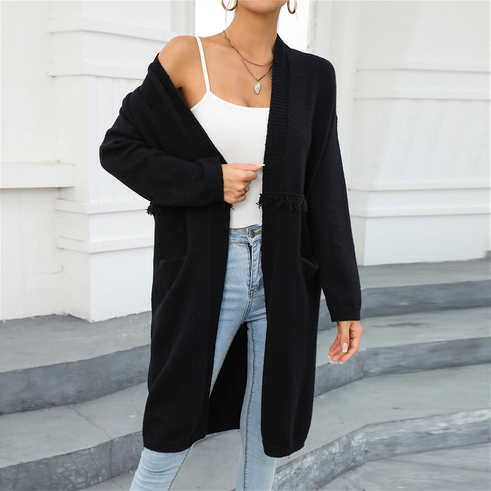 Women's Plus Size Long Fringe Cardigan Sweater with Pockets