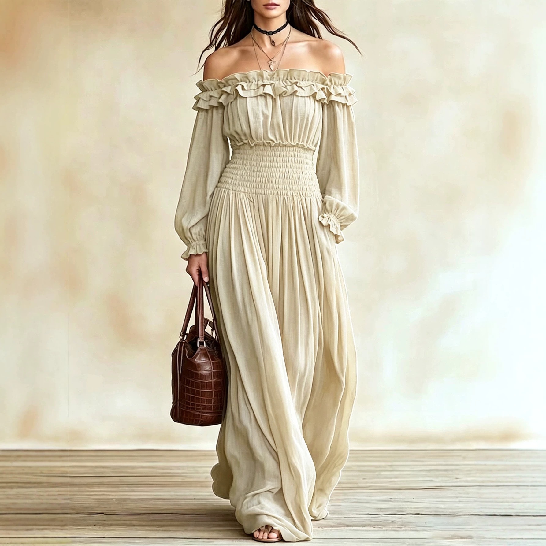 Women's Off-Shoulder Ruffle Long Sleeve Waist-Cinching Midi Dress