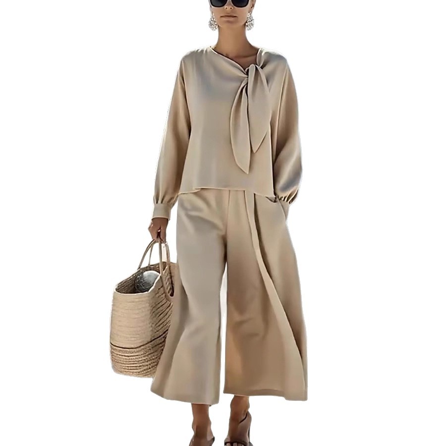 Women's Solid Color Long Sleeve Top and Pants Two-Piece Set
