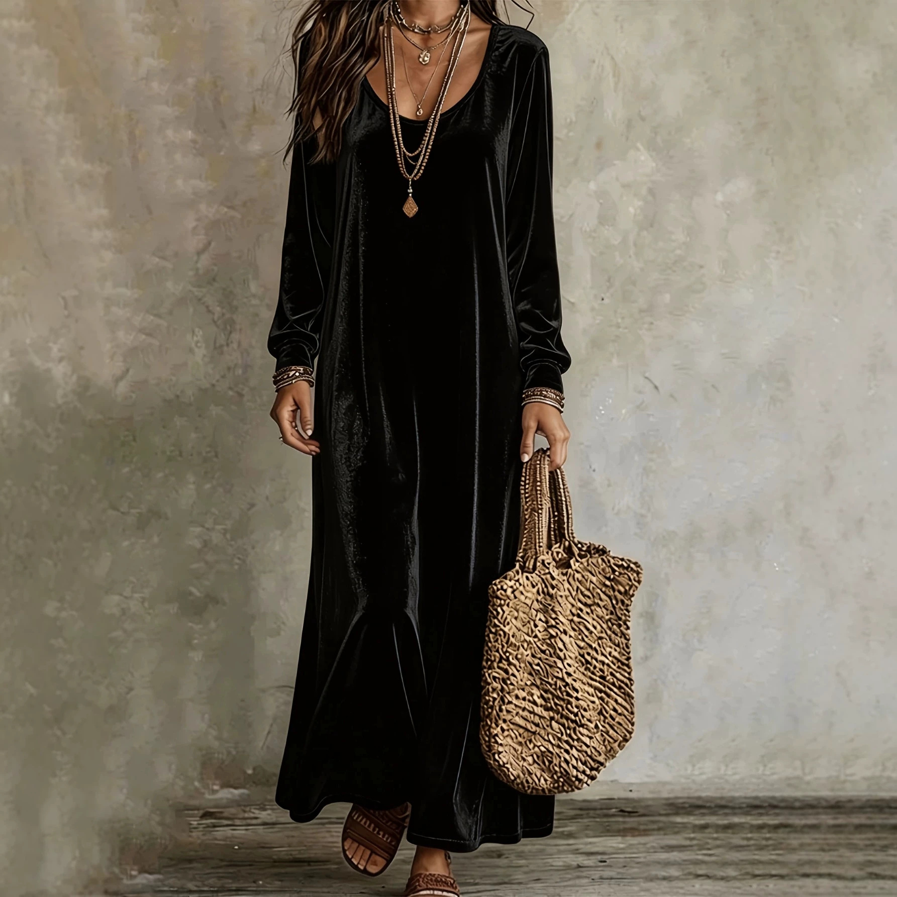 Solid Crewneck Long Sleeve Loose Casual A-Line Maxi Dress