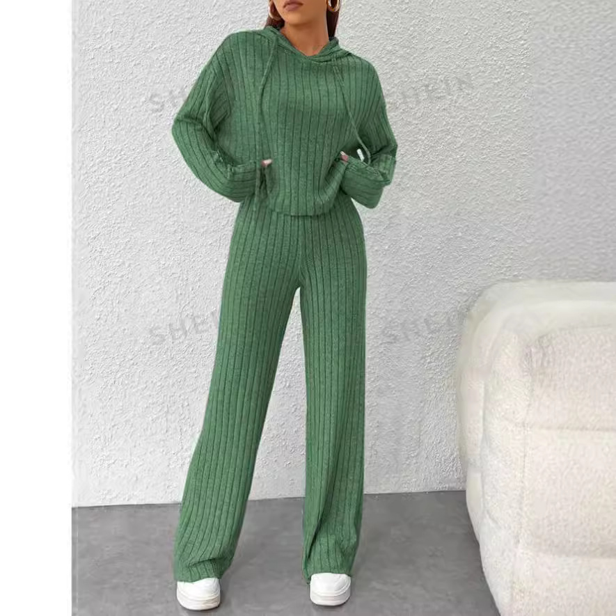 Striped Hooded Knit Sweatsuit Set Long Sleeve Top & Pants Relaxed Fit