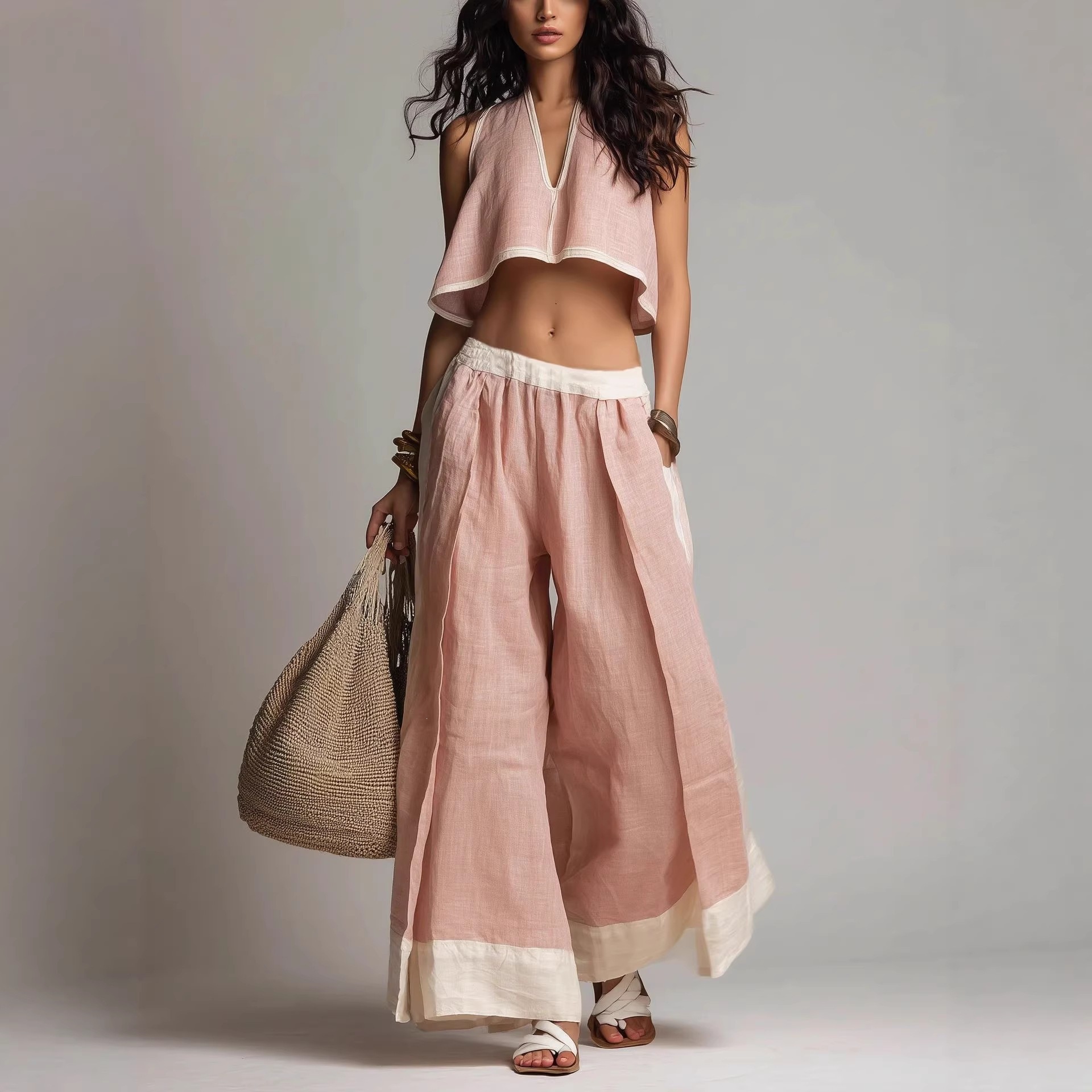 Women's Sleeveless V-Neck Crop Top & Wide-Leg Pants Set