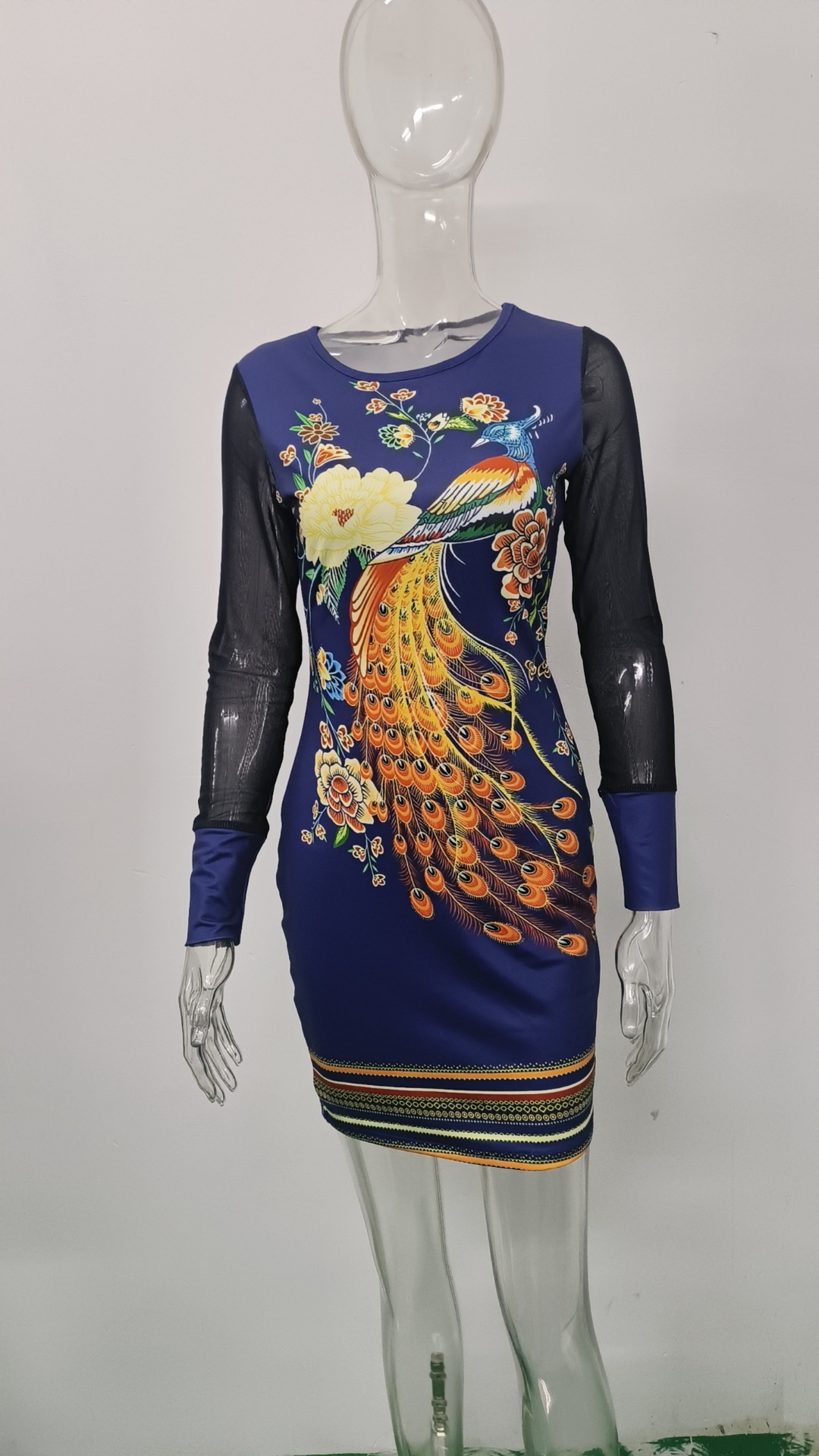 Women's Mesh Long Sleeve V-Neck Slim Fit Floral Print Dress