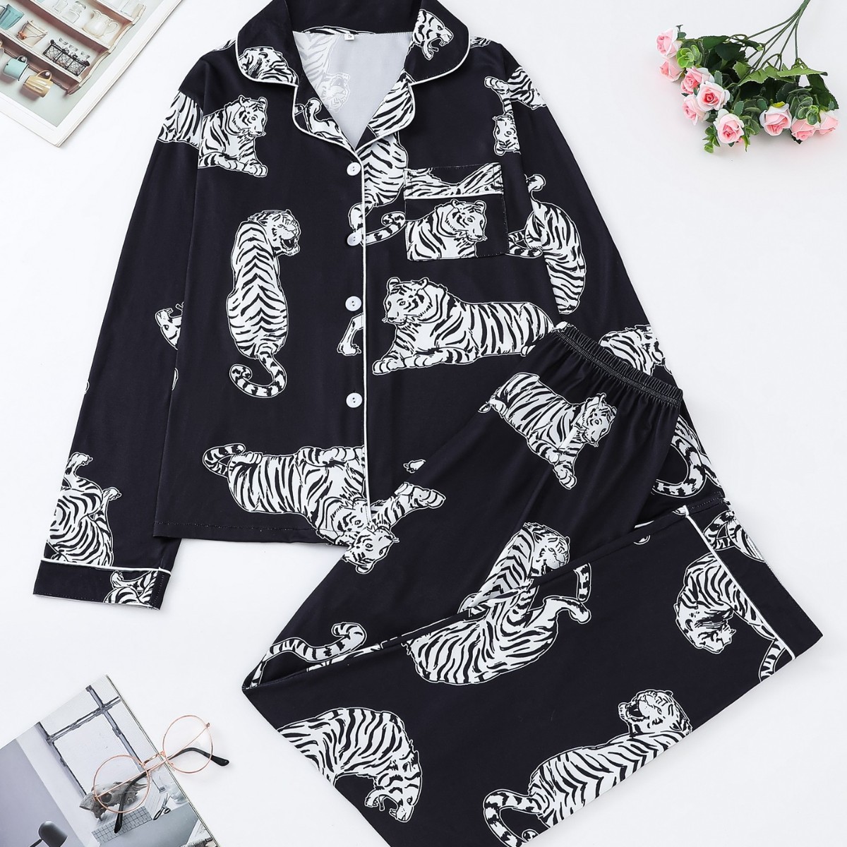 Cuban Collar Animal Print Women's Pant Set