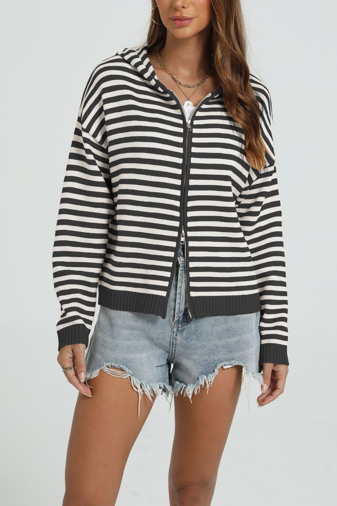 Women's Casual Hooded Striped Colorblock Knit Zip Cardigan