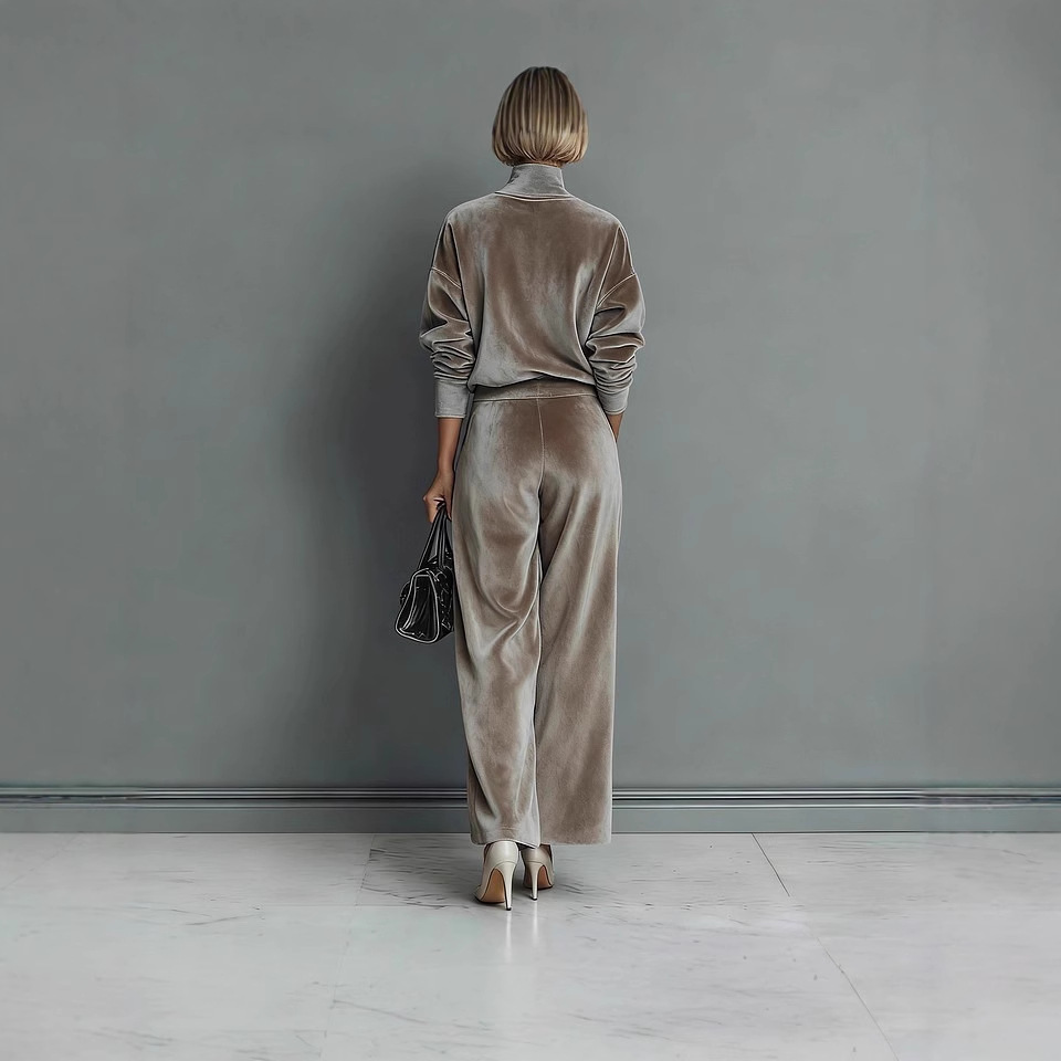 Women's Velvet Tracksuit High Neck Zip Top Wide Leg Pants Set