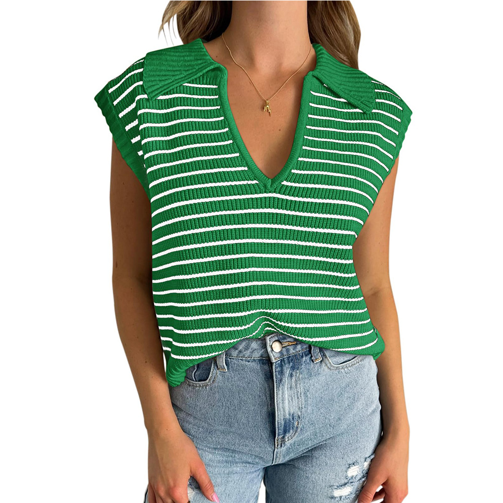 V-Neck Striped Knit Top with Collar