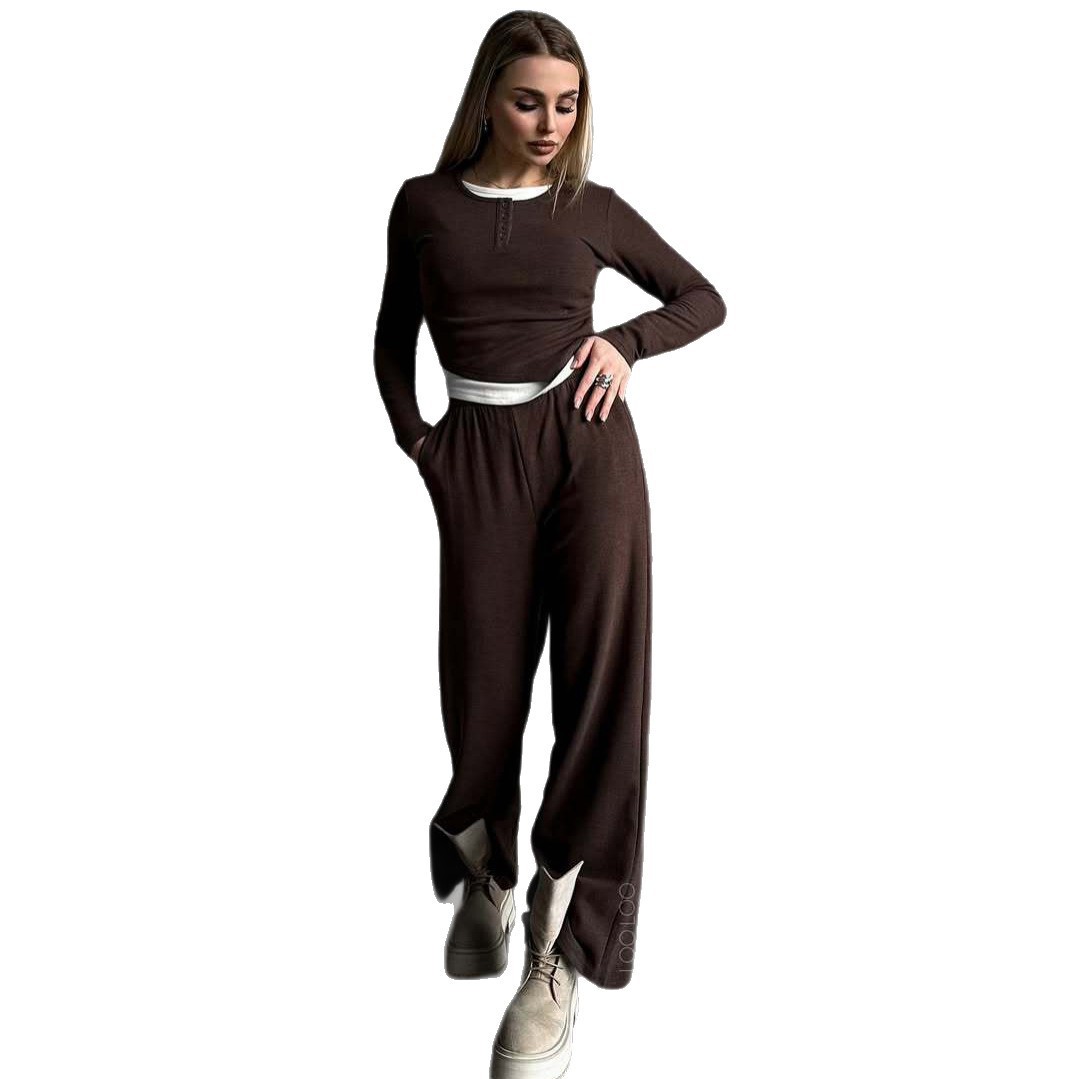 Women's Solid Color Long Sleeve Faux Two-Piece T-Shirt and Pants Set Casual Two-Piece Outfit