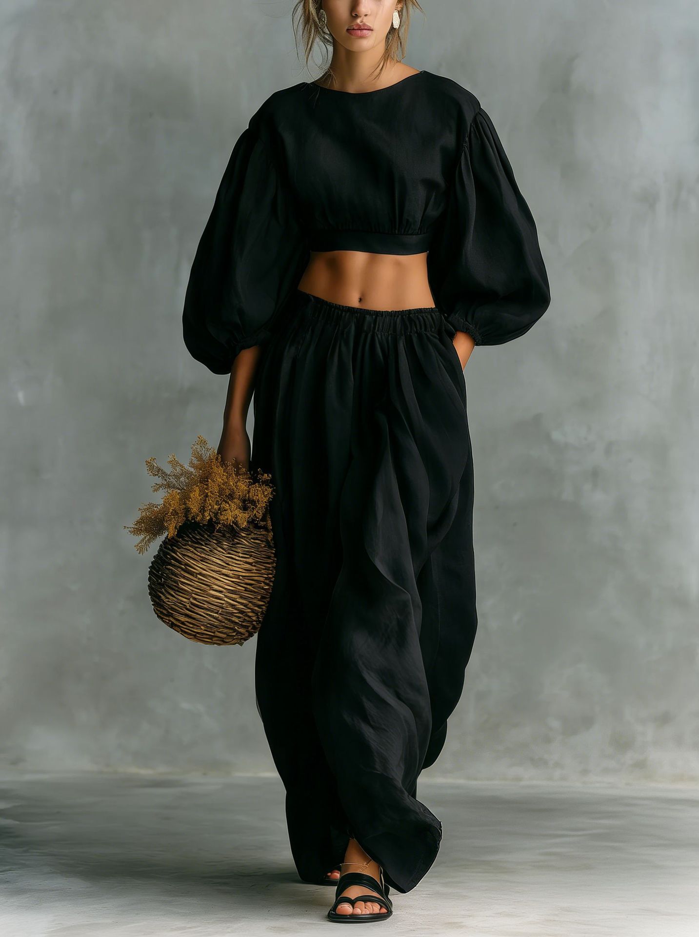 Women's Crewneck Puff Sleeve Pocket Pants Casual Set