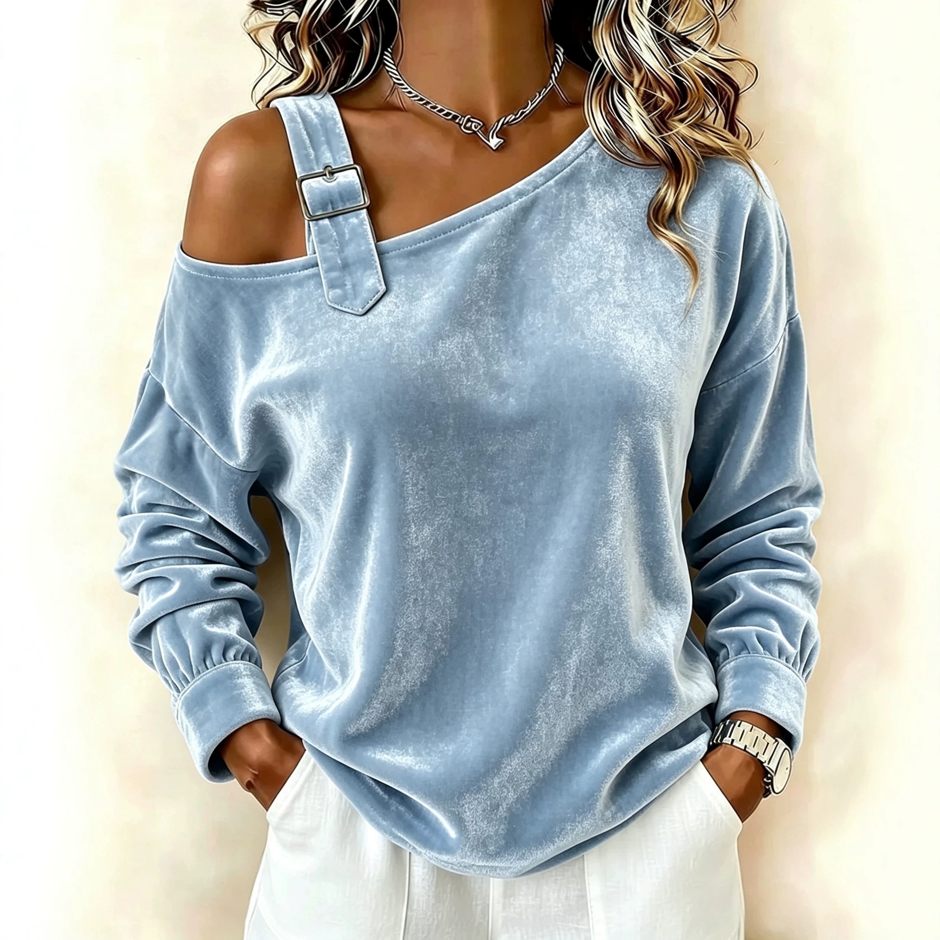 Women's One-Shoulder Gold Velvet Long-Sleeve Top Casual Sweatshirt