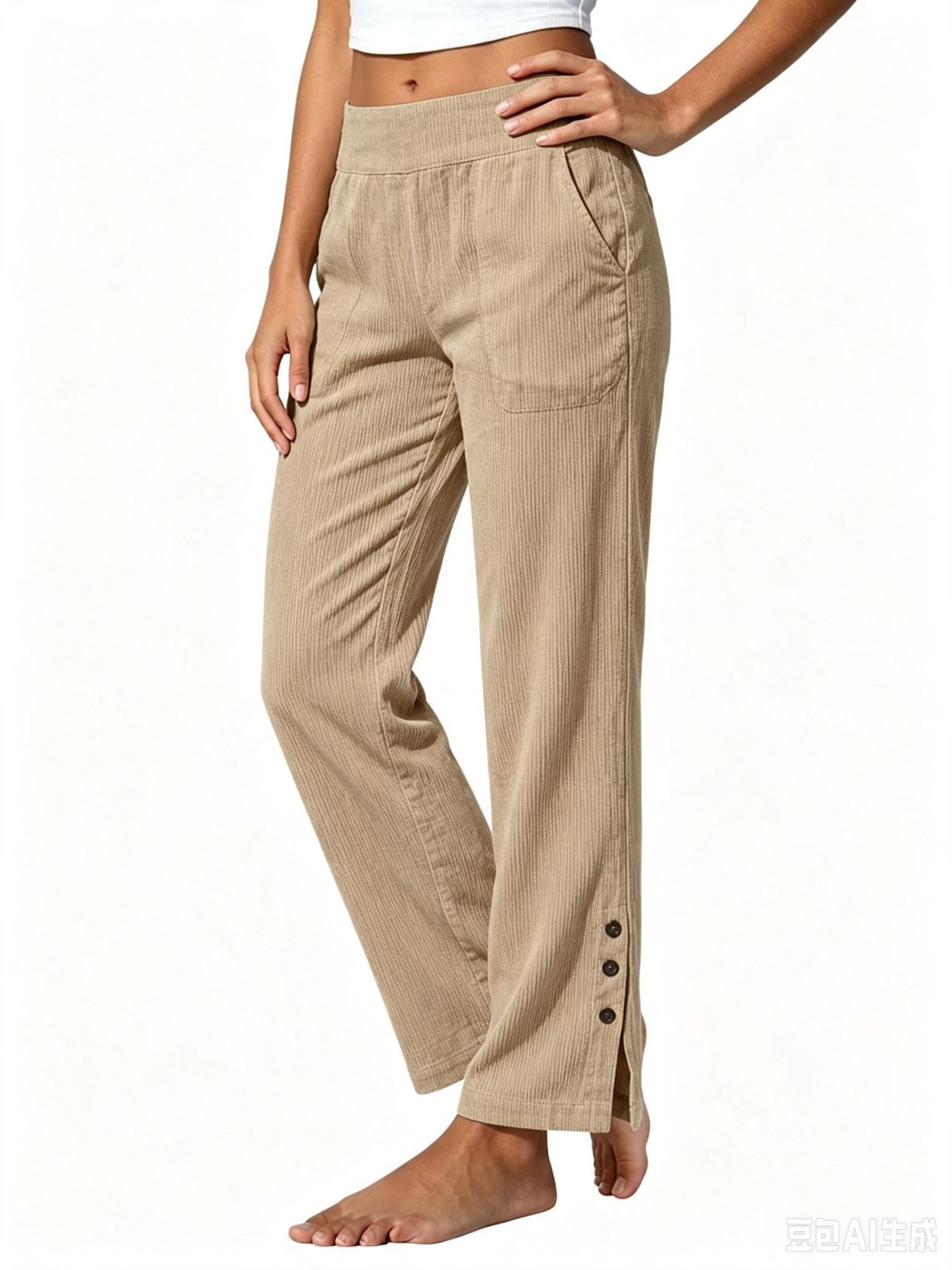 2026 European & American Cross-Border Women's Corduroy Casual Straight-Leg Pants High-Waist Loose Side-Pocket Slit Button Trousers for Women