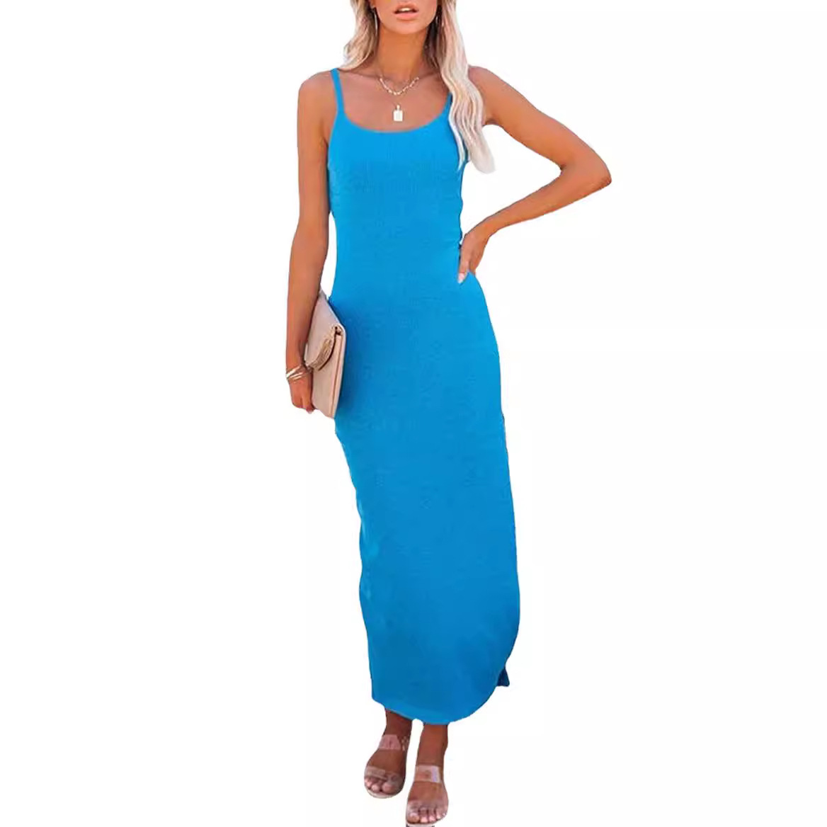 Women's Sleeveless Split Long Cami Dress Solid Color High Waist