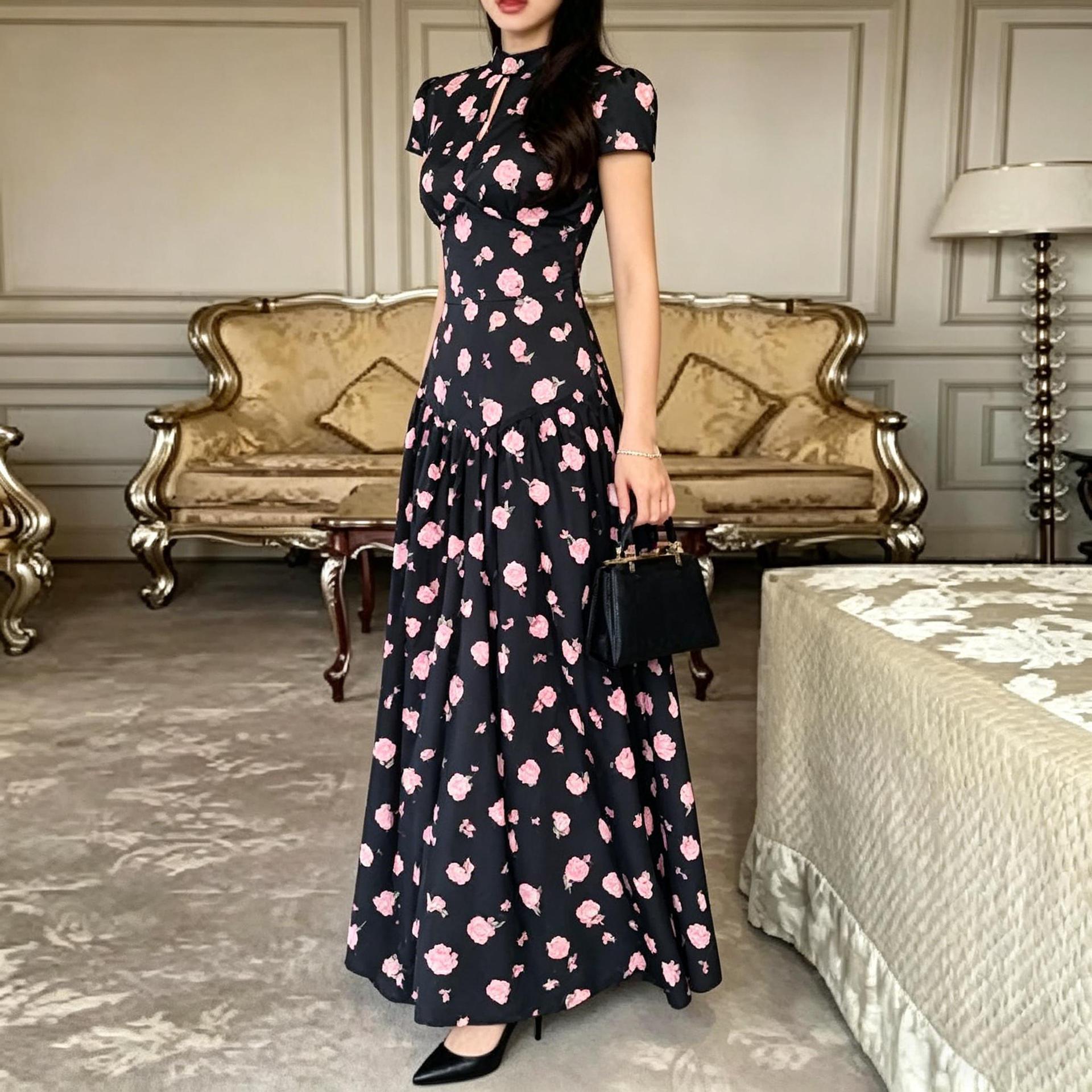 Floral Print Patchwork Slim-Fit Long Dress