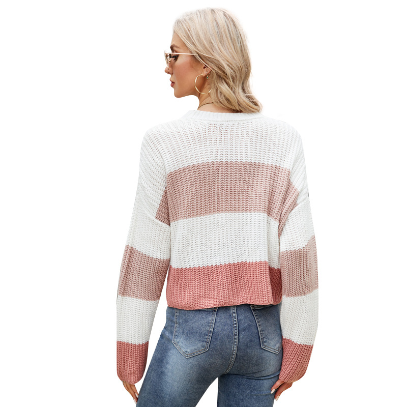 Women's Cropped Loose Striped Knit Pullover Sweater